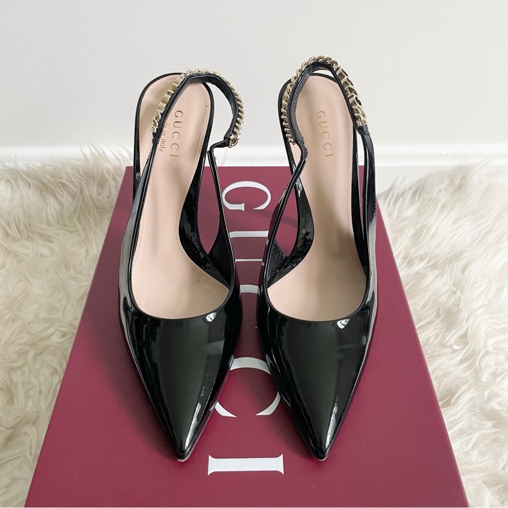 Gucci Signoria Slingback Chain Pump Black Patent Leather size 38